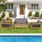 4Pcs Patio Acacia Wood Furniture Set Pe Rattan Conversation Set W/ Grey Cushions